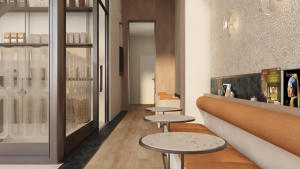 إضاءة سقفية فاخرة داخل مقهى بتصميم داخلي عصري