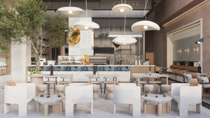 تصميم داخلي لمقهى فاخر مع جلسات جانبية وإضاءة جدارية دافئة