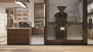 تصميم مقهى فاخر بجلسات خارجية ونباتات طبيعية وإضاءة ناعمة