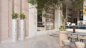 تفاصيل ديكور مقهى مع رفوف منتجات وإضاءة جدارية حديثة