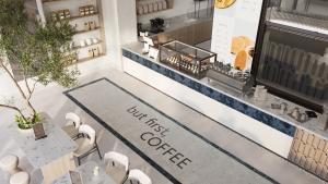 جلسات مقهى داخلية بإطلالة زجاجية وتصميم هادئ ومريح