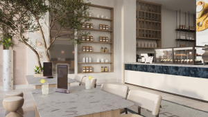 كاونتر كافيه مع عرض حلويات وتصميم داخلي فاخر