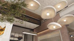 منطقة عرض منتجات القهوة داخل كافيه بتصميم بسيط وراقي