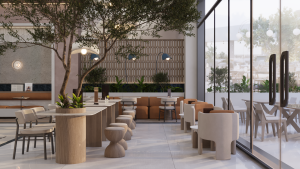 واجهة كافيه حديثة مع كاونتر تقديم وإضاءة سقفية عصرية